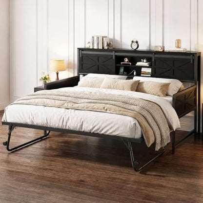 homieasy farmhouse twin daybed with pop-up trundle, black, close-up detail