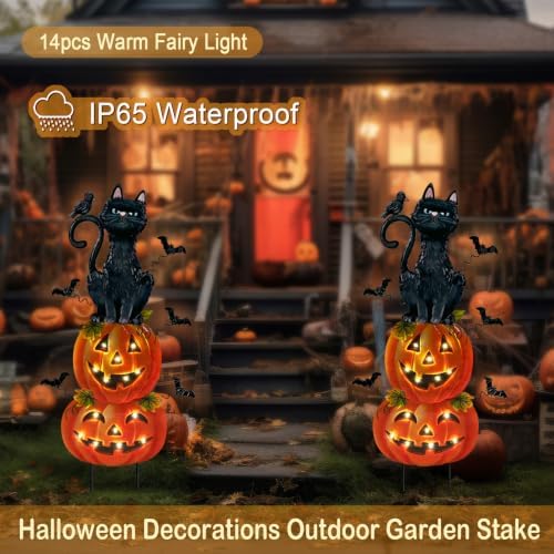 Outdoor Halloween Decorations,Metal Black Cat & Jack'O Lighted Timer Stakes