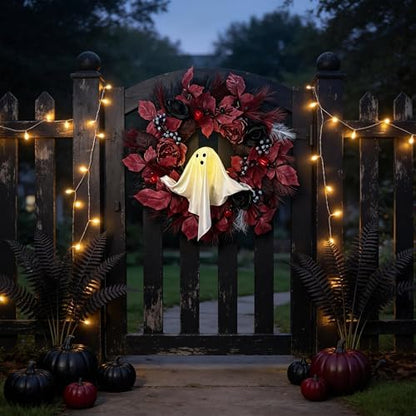 HipTree 20 Inch Lighted Ghost Halloween Wreath for Front Door