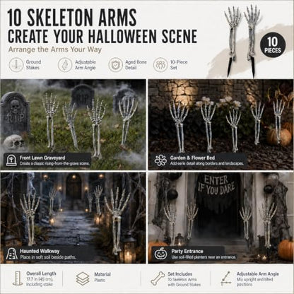 Halloween Skeleton Arms and Hands, 10-Piece Outdoor Yard Decorations Set