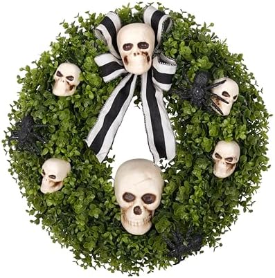 Halloween Wreath for Front Door 20 Inch, with Faux Boxwood Skull Spider - Halloween Wreath Decoration for Home, Farmhouse, Office Door Wall Indoor/Outdoor