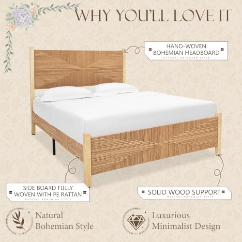 yechen solid wood rattan queen bed frame with, package contents