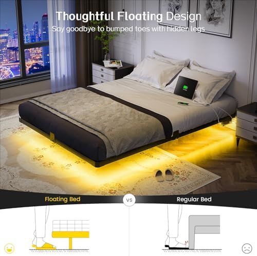 olevs floating bed frame full size metal with, close-up detail