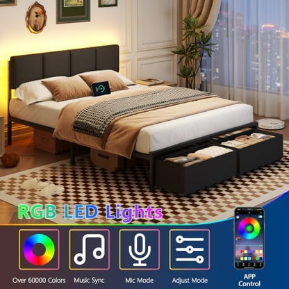 furnulem queen bed frame with upholstered headboard and, side view