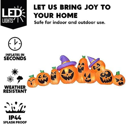 Joiedomi 12.5 FT Halloween Inflatable Pumpkin Outdoor Decorations, Blow Up Yard Decorations with Witch Hat, 9 Pcs Blow Up Pumpkin Inflatable with Built-in LEDs for Halloween Decor