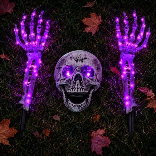 Halloween Skeleton Decorations Outdoor, Light Up Skull Head & Skeleton Hands Lights Stake with Purple LED, Battery Operated Halloween Yard Decor for Lawn, Garden, Graveyard, Haunted House & Party