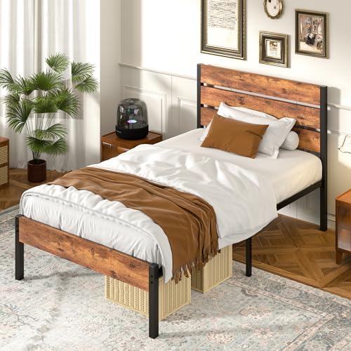 vecelo twin size bed frame - heavy-duty metal, side view