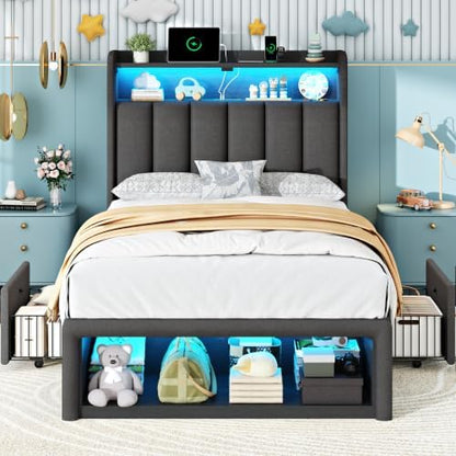 chiczhinest twin bed frames with led headboard, 2, side view