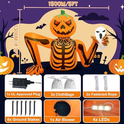 Halloween Inflatable Pumpkin Skeleton, 5FT Outdoor Halloween Decorations