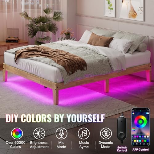 full size solid wood platform bed with led, close-up detail