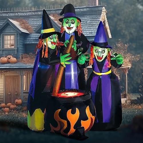 Joiedomi 6 FT Tall Halloween Inflatables Three Witch Around Cauldron with Flame Light Yard Outdoor Decoration Blow Up with Build-in LEDs for Halloween Party Indoor, Outdoor Inflatables Decorations
