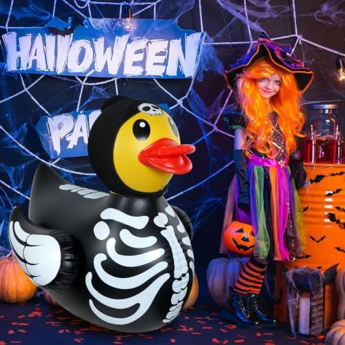 1Pcs 4.6 Feet Halloween Giant Inflatable Duck Outdoor Decorations,Huge Blow Up Yard Yellow Duck with Black Skeleton Bone Cloth Duck Pool Float for Indoor Halloween Party Garden Patio Lawn Decor