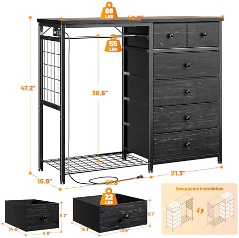 enhomee 49.2" w dresser with hanging rack & shown in use