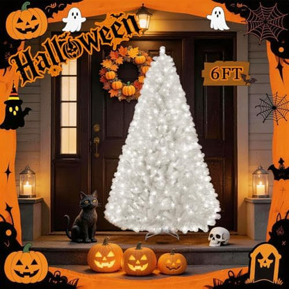 Prelit White Christmas Tree 6ft - White Halloween Tree with 300 LED Lights, 726 PVC Branches, Halloween & Xmas Tree for Holiday Decorations, Metal Stand and Hinged Branches