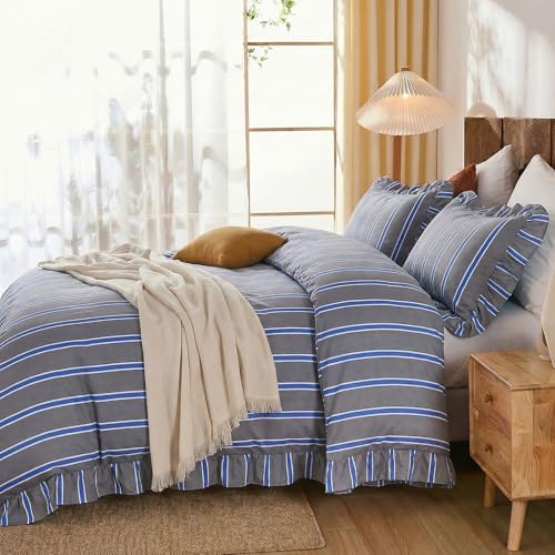 merryword blue and gray striped duvet cover set on a desk or shelf
