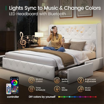 larmace queen size bed frame with led lights, side view