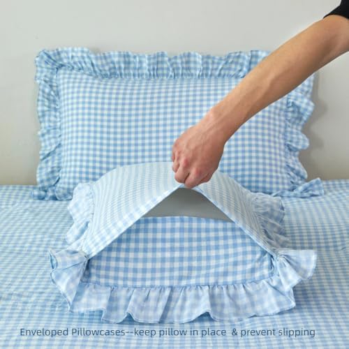 SUCSES Blue Ruffle Gingham Comforter Sets 5 Pieces King Plaid Bed in a Bag Fa...