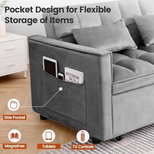 Sleeper Sofa Bed with Adjustable Backrest & Side Pockets, Gray