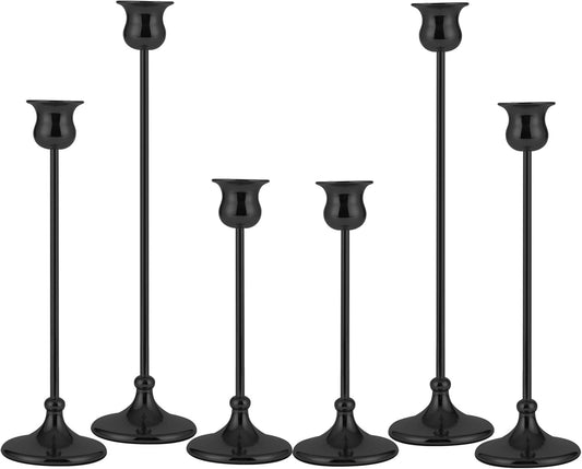 Taper Candle Holder Tall Vintage Metal Candlestick Holders Candle Stick Candelabra for Halloween Thanksgiving Christmas Holiday Wedding (Matt Black, 2 Sets (6 pcs))