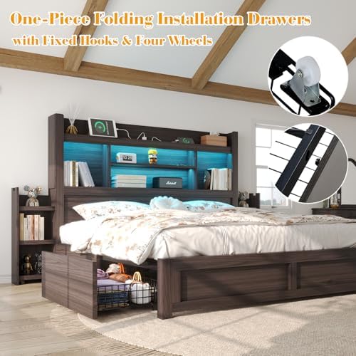 luxoak queen bed frame with bookcase headboard & showing dimensions