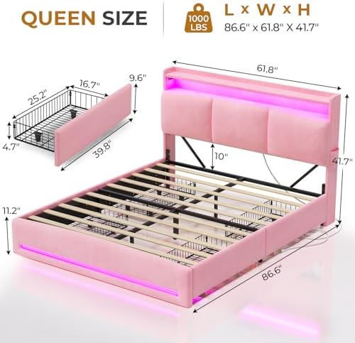 msmask queen bed frame with storage headboard & shown in use