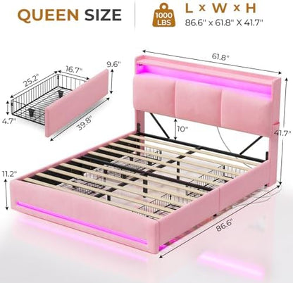 msmask queen bed frame with storage headboard & shown in use