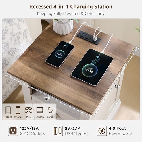 farmhouse nightstand with charging station 18"wood end table, side view