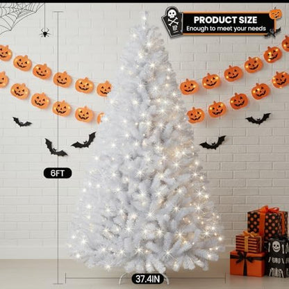 Prelit White Christmas Tree 6ft - White Halloween Tree with 300 LED Lights, 726 PVC Branches, Halloween & Xmas Tree for Holiday Decorations, Metal Stand and Hinged Branches