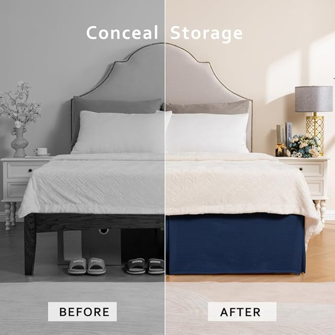 MIYE Pleated Waffle Weave Bed Skirt, Tailored Dust Ruffle 18 Inch Drop Easy Fit - Image 4