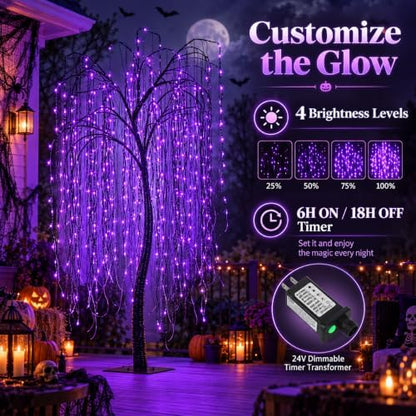 7 FT Halloween Lighted Willow Tree 256 LED Purple Lights Artificial Weeping Willow Tree with 6 Spiders Outdoor Indoor Decoration Christmas Festival Decor
