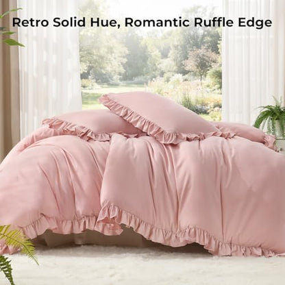 litanika queen comforter set, 3 pieces blush ruffle shown in use
