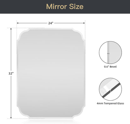 beveled frameless bathroom mirror with scalloped edges, 24" shown in use