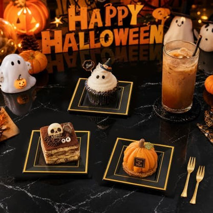 WDF 200PCS Black and Gold Plastic Dessert Plates for Halloween Parties