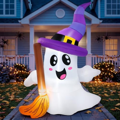 JOYIN Halloween Inflatables Ghost Outdoor Decorations, Cute Blow Up Ghost Holding Broom with LED, Blow Up Yard Decorations for Halloween Outdoor Yard Garden Lawn Party Decor