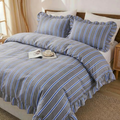 merryword blue and gray striped duvet cover set, front angle view