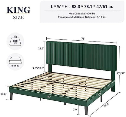 allewie king bed frame, velvet upholstered platform bed shown in use