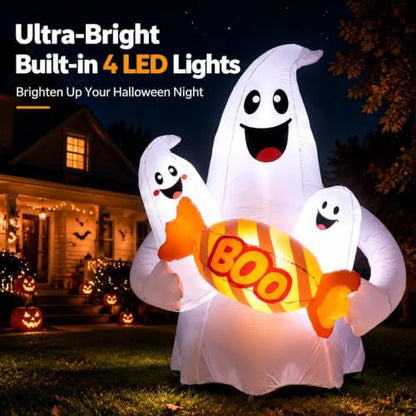 6FT Halloween Inflatable Ghosts Outdoor Decorations, Cute Ghosts Holding Boo Candy, Blow Up Yard Decoration with Bright LEDs & Stakes, Outdoor Decor for Lawn Garden Family Party