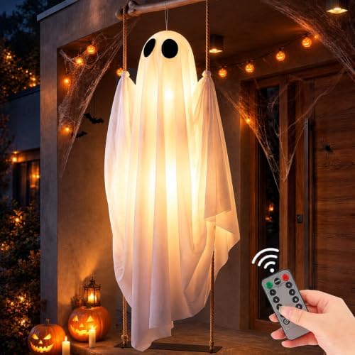 Halloween Decorations Outdoor Indoor, 5 FT Large Pre-Assembled Swinging Ghost, Halloween Hanging Spooky Swing Ghost Decor for Outside Porch Yard Tree Garden Lawn