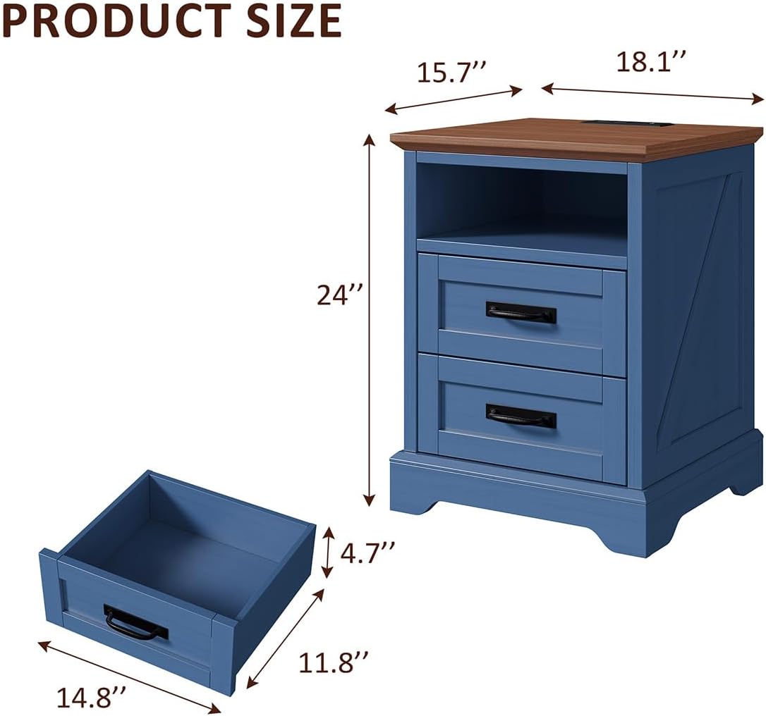 whalefall 2 drawer farmhouse nightstand with open cubby shown in use