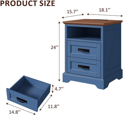whalefall 2 drawer farmhouse nightstand with open cubby shown in use