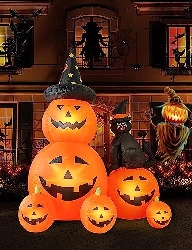 6 FT Halloween Inflatable Outdoor Decor with Ghost Pumpkin and Black Cat