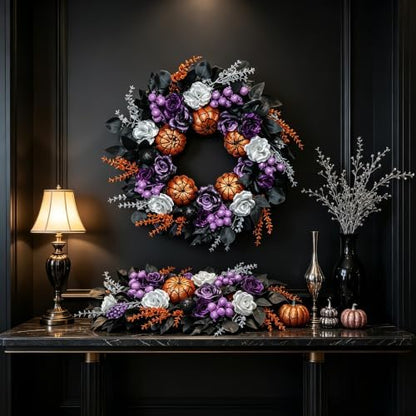24 Inch Pumpkins Purple Black Halloween Wreaths for Front Door