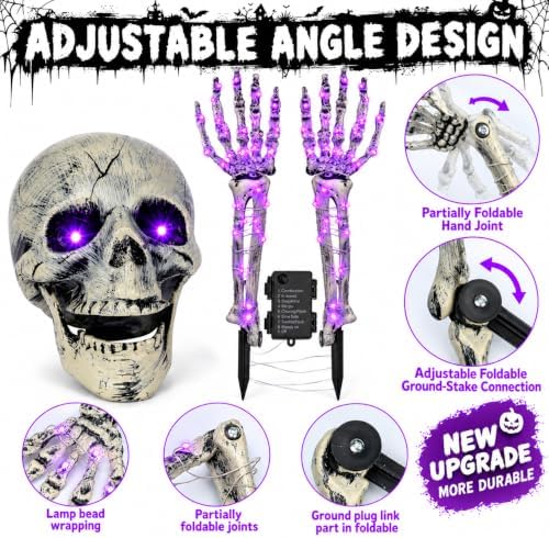 Halloween Skeleton Decorations Outdoor, Light Up Skull Head & Skeleton Hands Lights Stake with Purple LED, Battery Operated Halloween Yard Decor for Lawn, Garden, Graveyard, Haunted House & Party