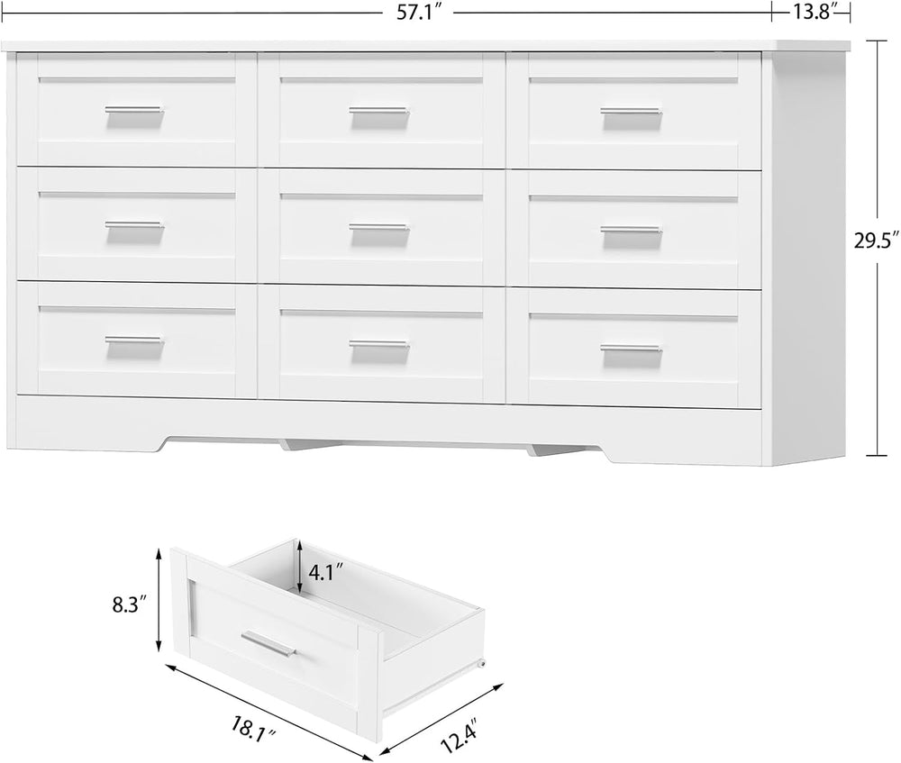 TEENFON 57.1"W White Dresser for Bedroom, Modern 9 Drawer Dresser with M...