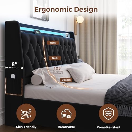 queen led velvet bed frame with 2 storage showing dimensions