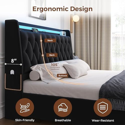 queen led velvet bed frame with 2 storage showing dimensions