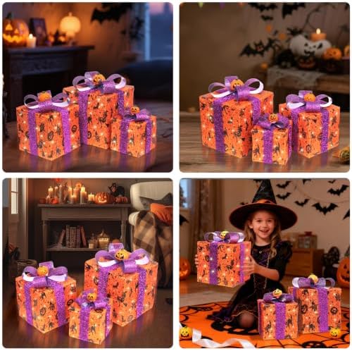 3 Pieces Lighted Boxes Halloween Decorations, Lighted Gift Boxes with Bat,Spider Web,Broom & Pumpkin Print, Foldable Light up Boxes with Pumpkin Bow for Yard, Patio, Haunted House Décor