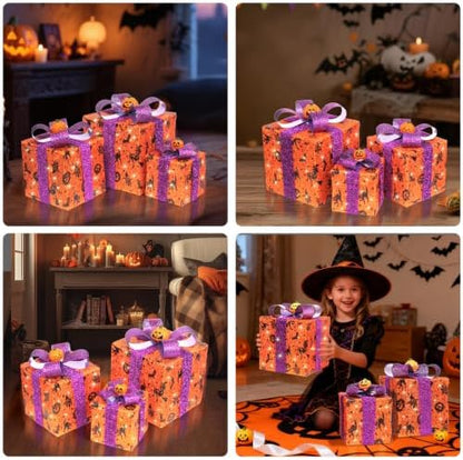 3 Pieces Lighted Boxes Halloween Decorations, Lighted Gift Boxes with Bat,Spider Web,Broom & Pumpkin Print, Foldable Light up Boxes with Pumpkin Bow for Yard, Patio, Haunted House Décor
