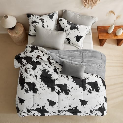 petrichor velvet flannel queen comforter set-cow print western, close-up detail