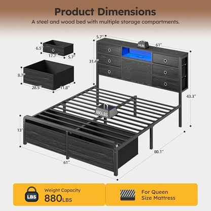 homkdom queen size bed frame with 8 drawers shown in use
